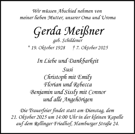 Traueranzeige von Gerda Meißner von Region Pinneberg und tip Pinneberg
