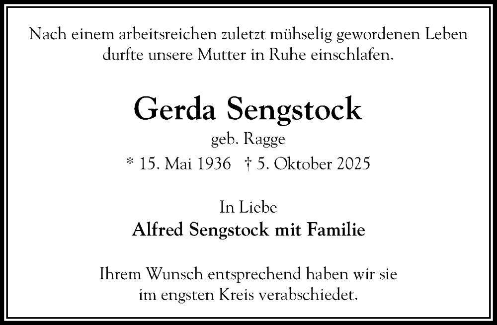  Traueranzeige für Gerda Sengstock vom 01.11.2025 aus MARKT Ratzeburg/Mölln