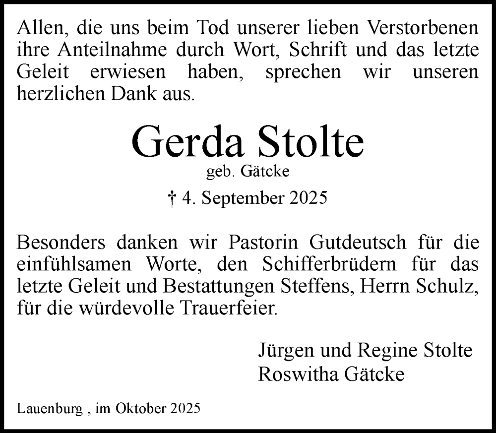  Traueranzeige für Gerda Stolte vom 01.11.2025 aus Wochenend Anzeiger