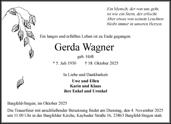 Traueranzeige von Gerda Wagner von MARKT Ahrensburg/Bargteheide/Trittau und Stormarner Tageblatt