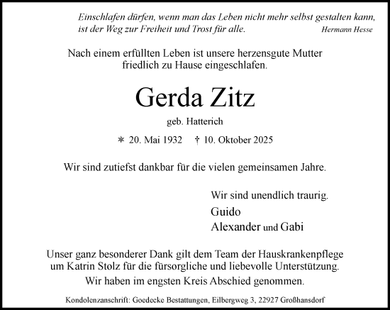 Traueranzeige von Gerda Zitz von MARKT Ahrensburg/Bargteheide/Trittau und Stormarner Tageblatt