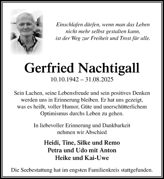 Traueranzeige von Gerfried Nachtigall von MARKT Bad Oldesloe/Reinfeld und Stormarner Tageblatt