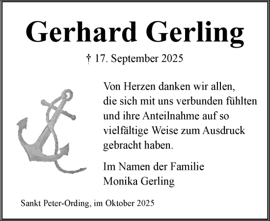Traueranzeige von Gerhard Gerling von Husumer Nachrichten, Nordfriesland Tageblatt