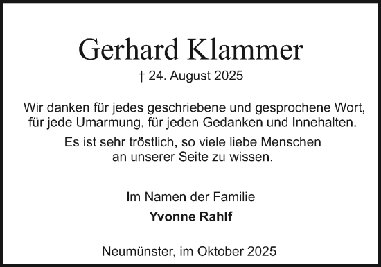 Traueranzeige von Gerhard Klammer von Holsteinischer Courier