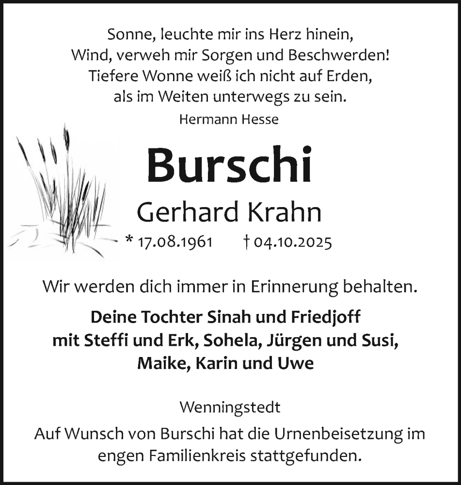  Traueranzeige für Gerhard Krahn vom 25.10.2025 aus Sylter Rundschau