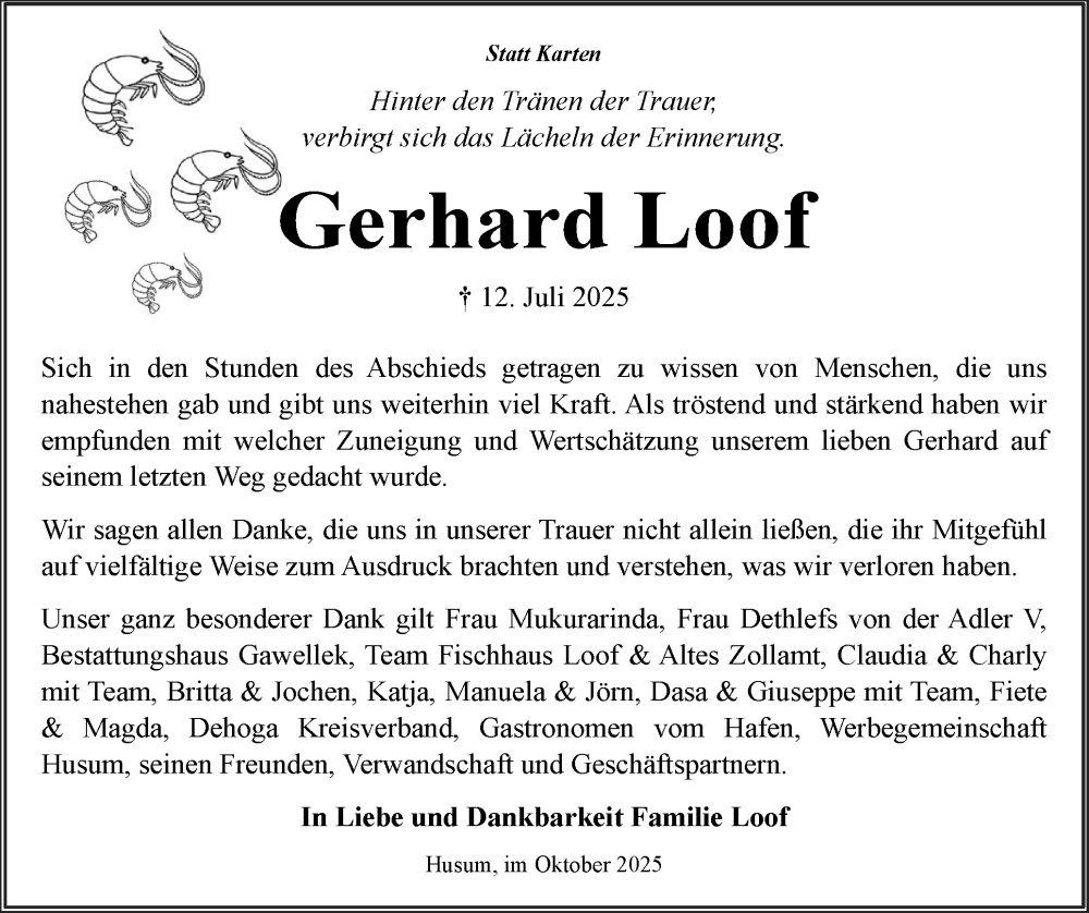  Traueranzeige für Gerhard Loof vom 04.10.2025 aus Husumer Nachrichten, Nordfriesland Tageblatt