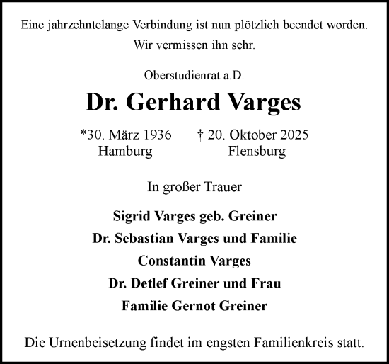 Traueranzeige von Gerhard Varges von Flensburger Tageblatt