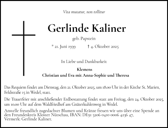 Traueranzeige von Gerlinde Kaliner von Wedel-Schulauer Tageblatt, tip Wedel-Schulauer Tageblatt, tip Rissener Rundschau