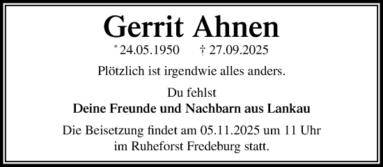 Traueranzeige von Gerrit Ahnen von MARKT Ratzeburg/Mölln