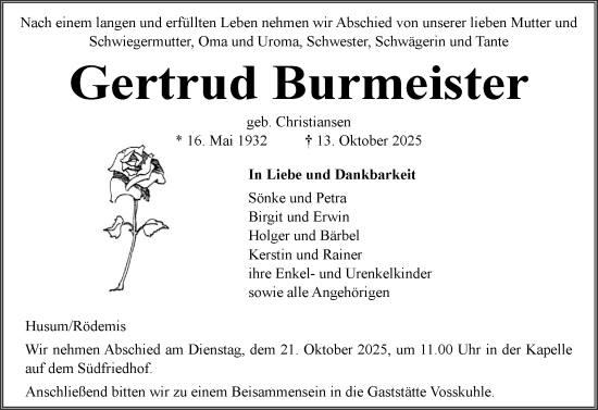 Traueranzeige von Gertrud Burmeister von Husumer Nachrichten, Nordfriesland Tageblatt
