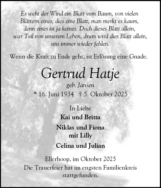 Traueranzeige von Gertrud Hatje von Elmshorner Nachrichten, Barmstedter Zeitung