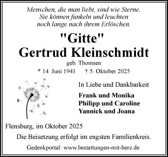 Traueranzeige von Gertrud Kleinschmidt von Flensburger Tageblatt