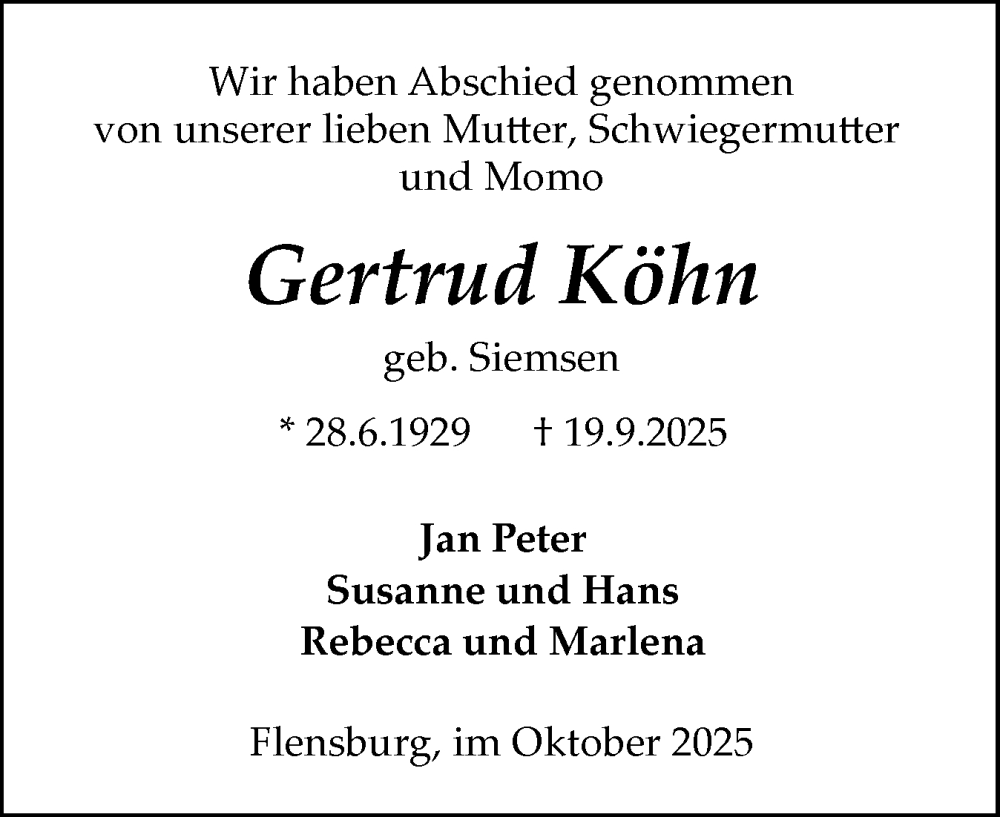  Traueranzeige für Gertrud Köhn vom 04.10.2025 aus Flensburger Tageblatt