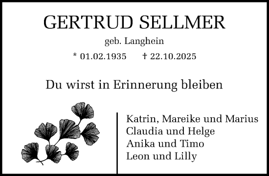 Traueranzeige von Gertrud Sellmer von MARKT Bad Oldesloe/Reinfeld und Stormarner Tageblatt