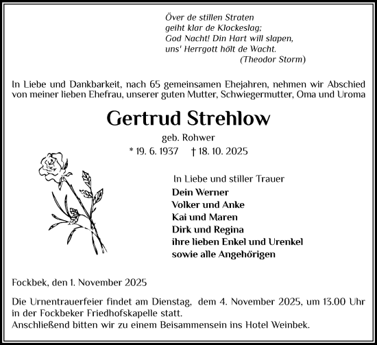 Traueranzeige von Gertrud Strehlow von Schleswig-Holsteinische Landeszeitung