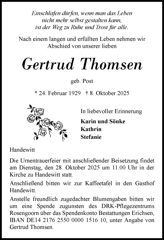 Traueranzeige von Gertrud Thomsen von Flensburger Tageblatt