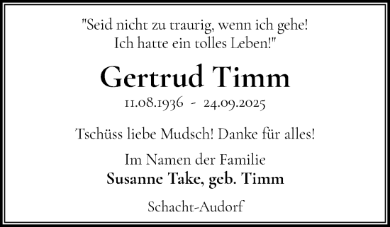 Traueranzeige von Gertrud Timm von Flensburger Tageblatt