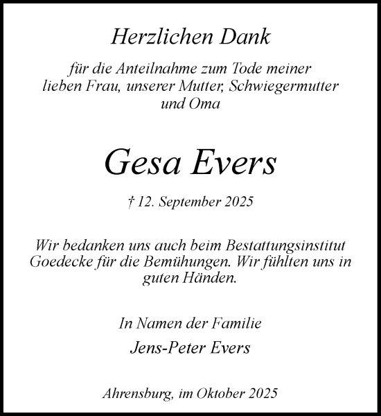 Traueranzeige von Gesa Evers von MARKT Ahrensburg/Bargteheide/Trittau und Stormarner Tageblatt