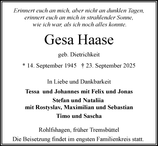 Traueranzeige von Gesa Haase von MARKT Ahrensburg/Bargteheide/Trittau und Stormarner Tageblatt