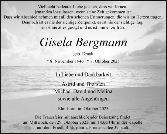 Traueranzeige von Gisela Bergmann von Elmshorner Nachrichten, Barmstedter Zeitung