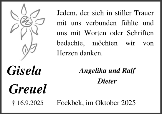 Traueranzeige von Gisela Greuel von Schleswig-Holsteinische Landeszeitung