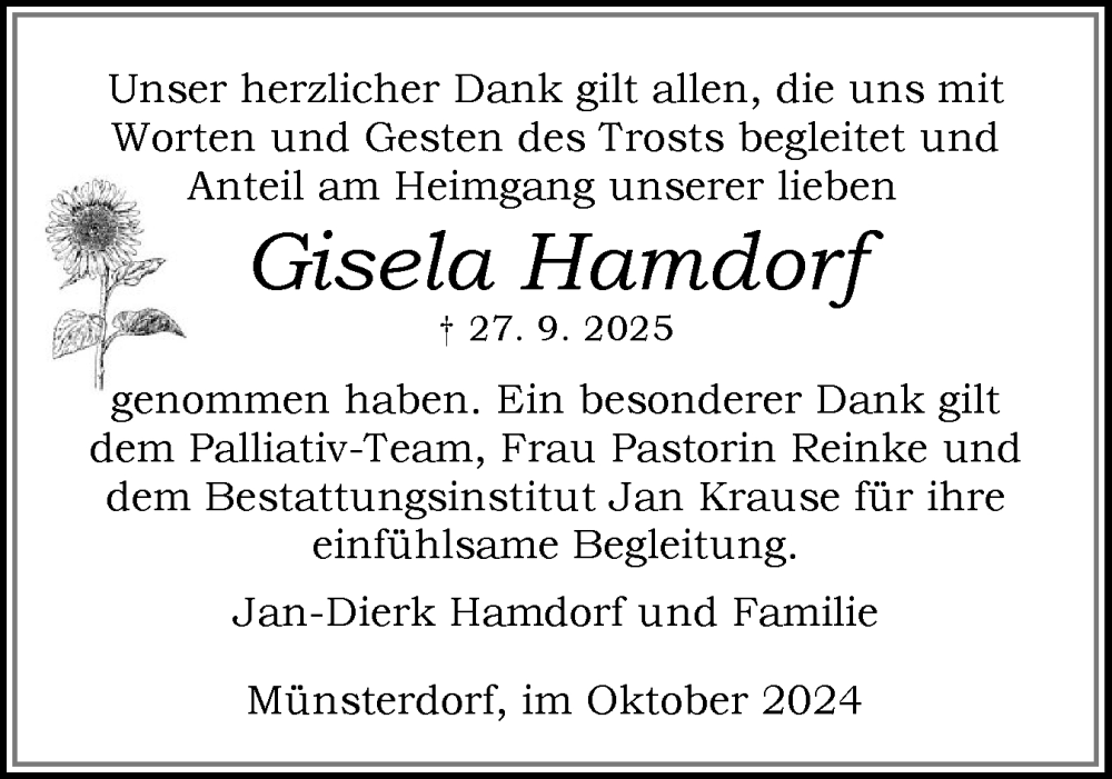  Traueranzeige für Gisela Hamdorf vom 25.10.2025 aus Norddeutsche Rundschau, Wilstersche Zeitung, Glückstädter Fortuna