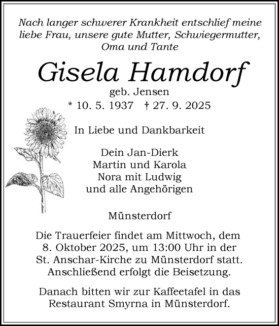 Traueranzeige von Gisela Hamdorf von Norddeutsche Rundschau, Wilstersche Zeitung, Glückstädter Fortuna