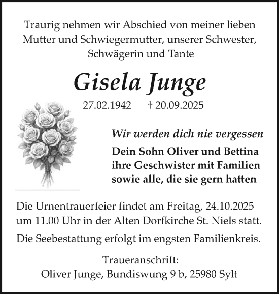 Traueranzeige von Gisela Junge von Sylter Rundschau
