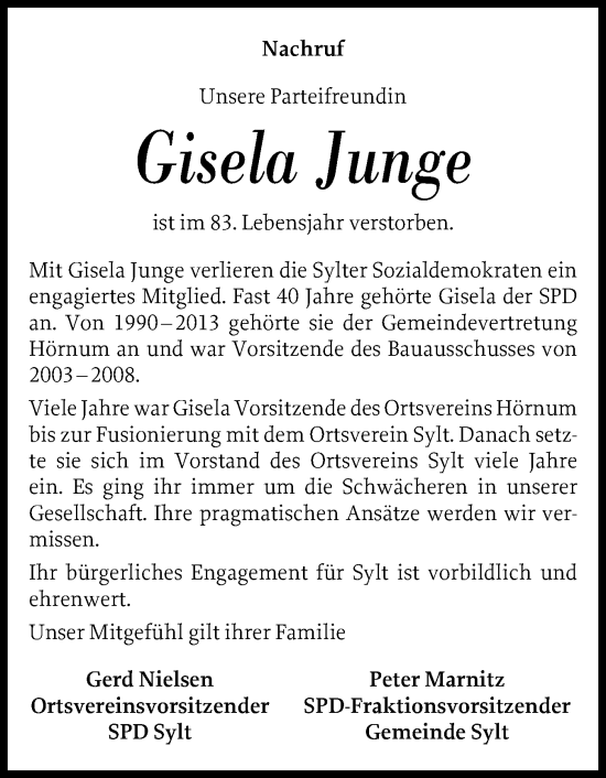 Traueranzeige von Gisela Junge von Sylter Rundschau