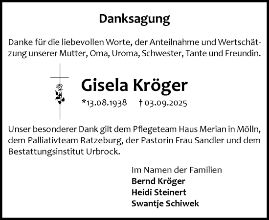 Traueranzeige von Gisela Kröger von MARKT Ratzeburg/Mölln