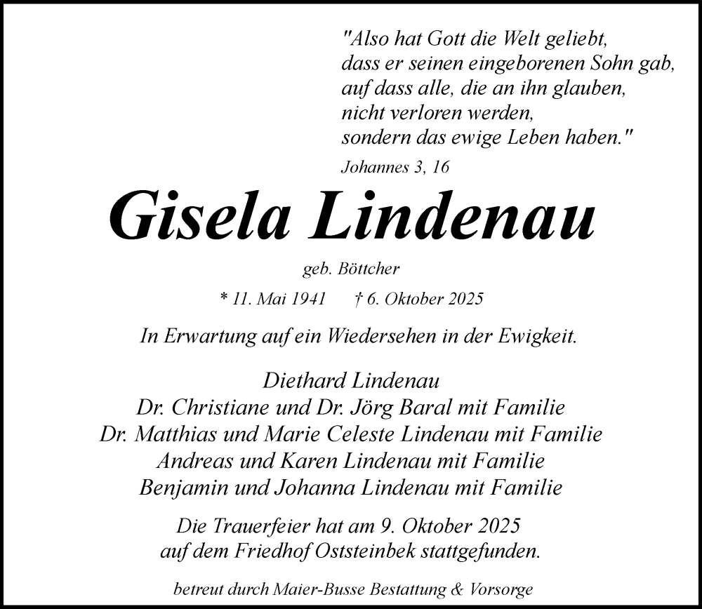  Traueranzeige für Gisela Lindenau vom 25.10.2025 aus MARKT Glinde/Reinfeld