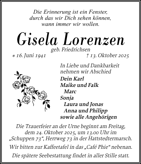 Traueranzeige von Gisela Lorenzen von Husumer Nachrichten, Nordfriesland Tageblatt