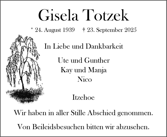 Traueranzeige von Gisela Totzek von Norddeutsche Rundschau, Wilstersche Zeitung, Glückstädter Fortuna