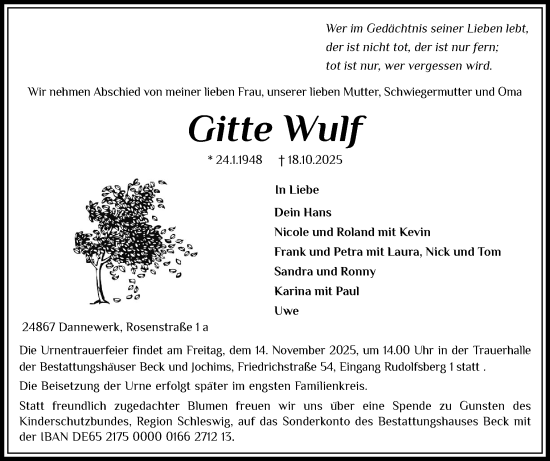 Traueranzeige von Gitte Wulf von Schleswiger Nachrichten, Schlei-Bote