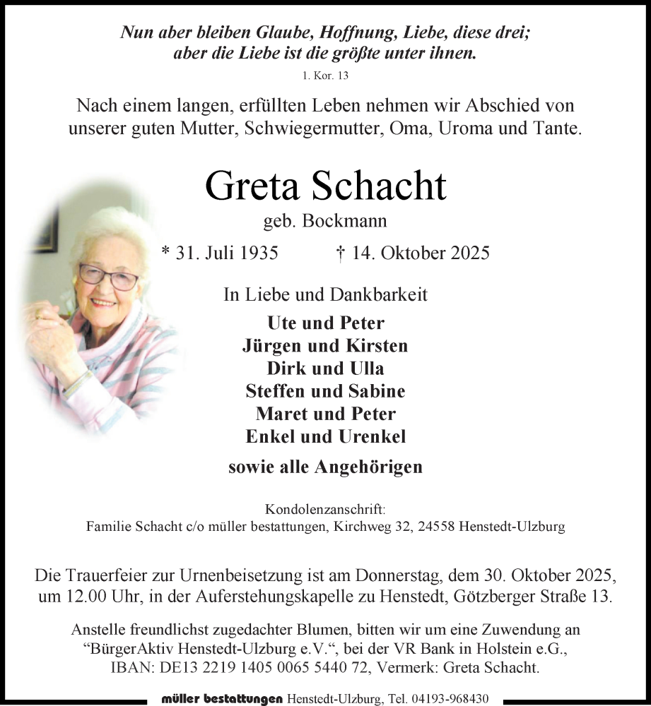  Traueranzeige für Greta Schacht vom 25.10.2025 aus Umschau