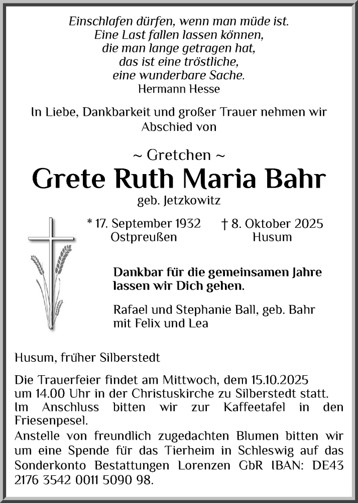  Traueranzeige für Grete Ruth Maria Bahr vom 11.10.2025 aus Schleswiger Nachrichten, Schlei-Bote