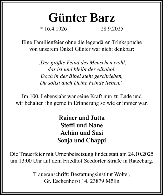 Traueranzeige von Günter Barz von MARKT Ratzeburg/Mölln