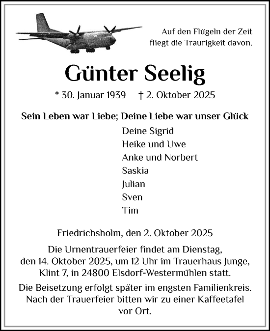 Traueranzeige von Günter Seelig von Schleswig-Holsteinische Landeszeitung