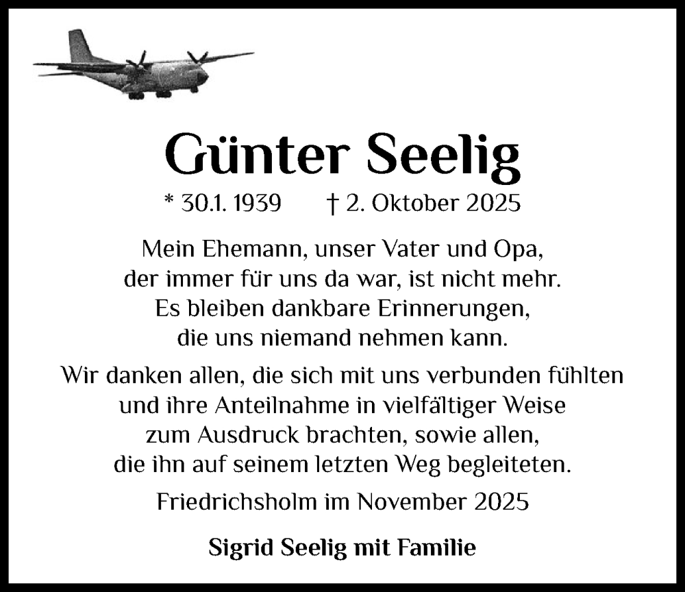  Traueranzeige für Günter Seelig vom 01.11.2025 aus Schleswig-Holsteinische Landeszeitung