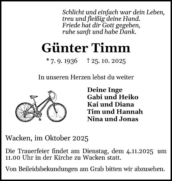 Traueranzeige von Günter Timm von Norddeutsche Rundschau, Wilstersche Zeitung, Glückstädter Fortuna