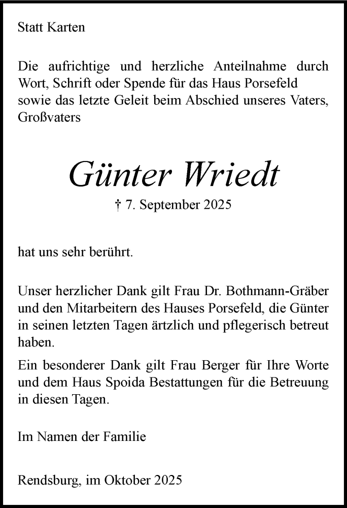  Traueranzeige für Günter Wriedt vom 18.10.2025 aus Schleswig-Holsteinische Landeszeitung
