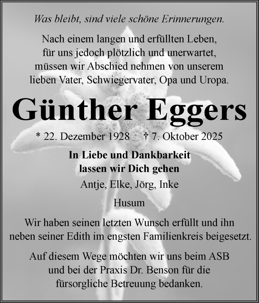 Traueranzeige für Günther Eggers vom 18.10.2025 aus Husumer Nachrichten, Nordfriesland Tageblatt