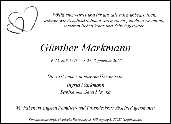Traueranzeige von Günther Markmann von MARKT Ahrensburg/Bargteheide/Trittau und Stormarner Tageblatt