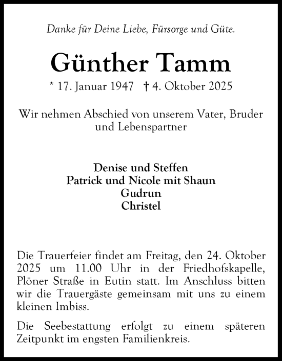 Traueranzeige von Günther Tamm von Schleswigholsteiner Zeitung Trauer