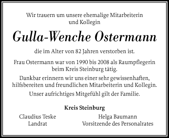 Traueranzeige von Gulla-Wenche Ostermann von Norddeutsche Rundschau, Wilstersche Zeitung, Glückstädter Fortuna