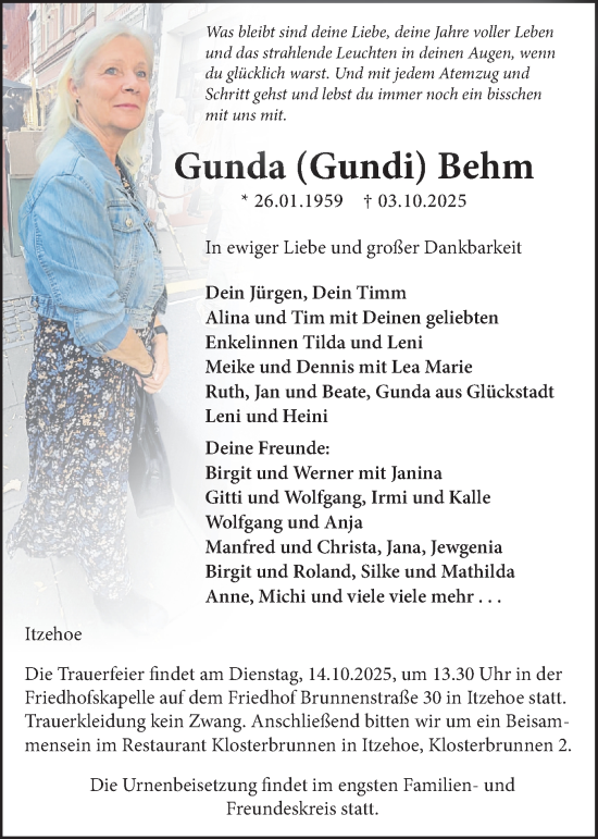 Traueranzeige von Gunda Behm von Norddeutsche Rundschau, Wilstersche Zeitung, Glückstädter Fortuna