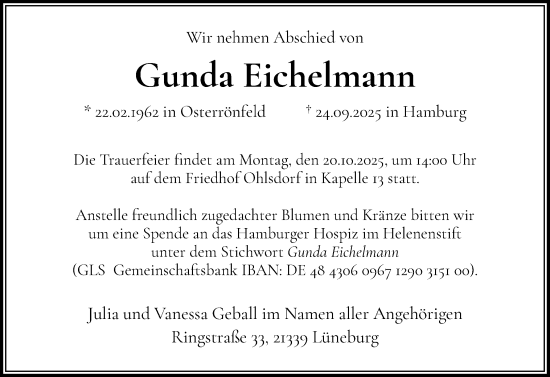 Traueranzeige von Gunda Eichelmann von Flensburger Tageblatt
