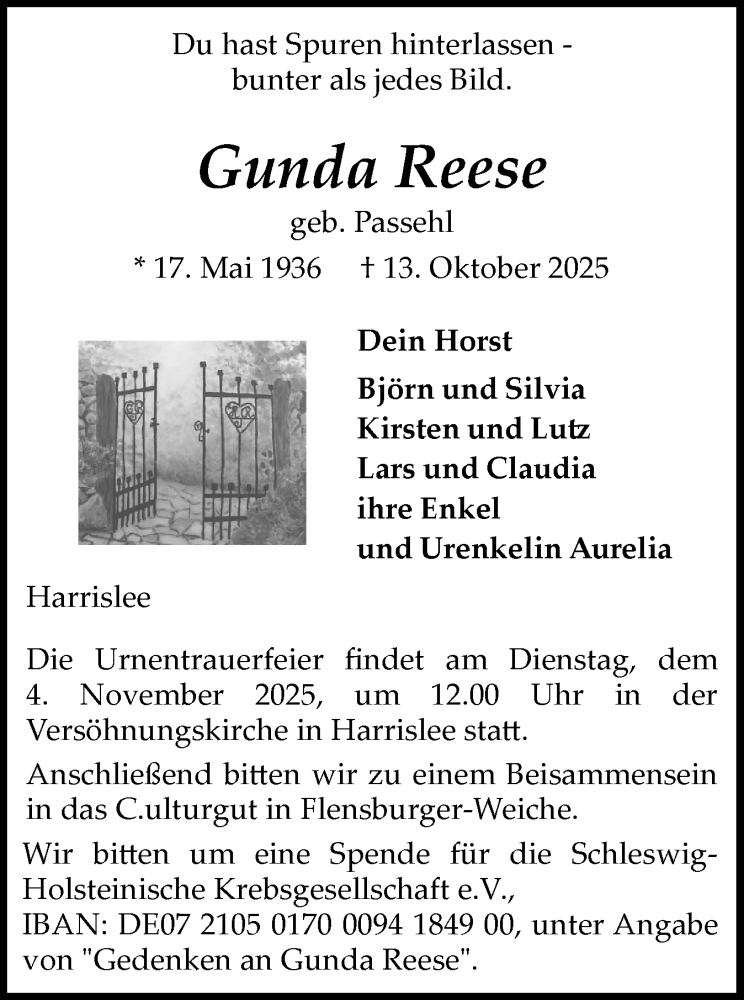  Traueranzeige für Gunda Reese vom 18.10.2025 aus Flensburger Tageblatt