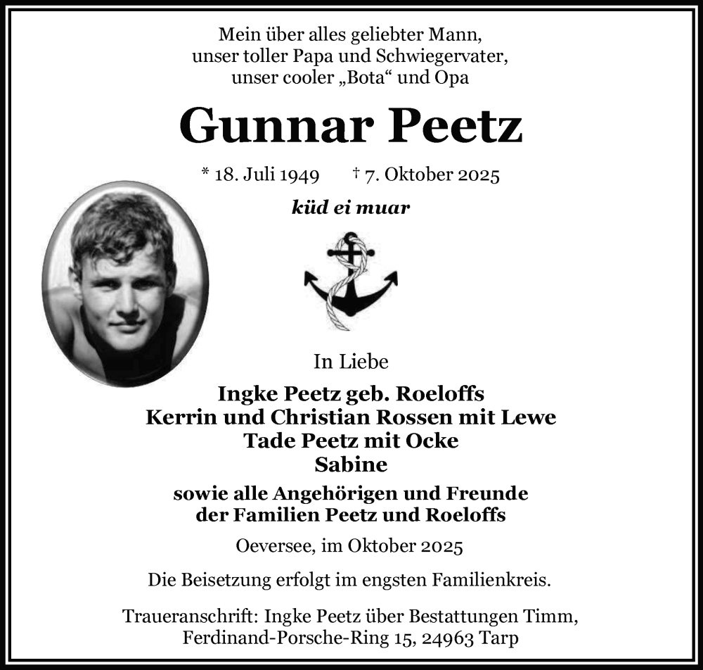  Traueranzeige für Gunnar Peetz vom 18.10.2025 aus Region Flensburg