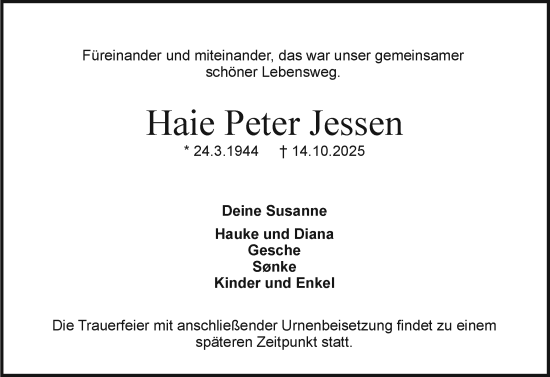 Traueranzeige von Haie Peter Jessen von Holsteinischer Courier